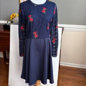 Modcloth Navy lace dress with red embroidered flowers